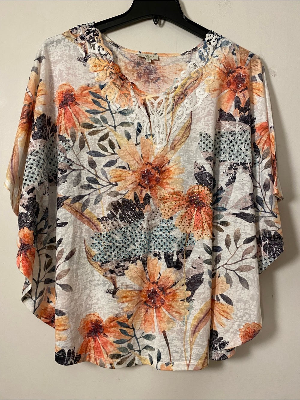 Floral Lace-Trim Women's cape like Top in Orange and Cream with stones